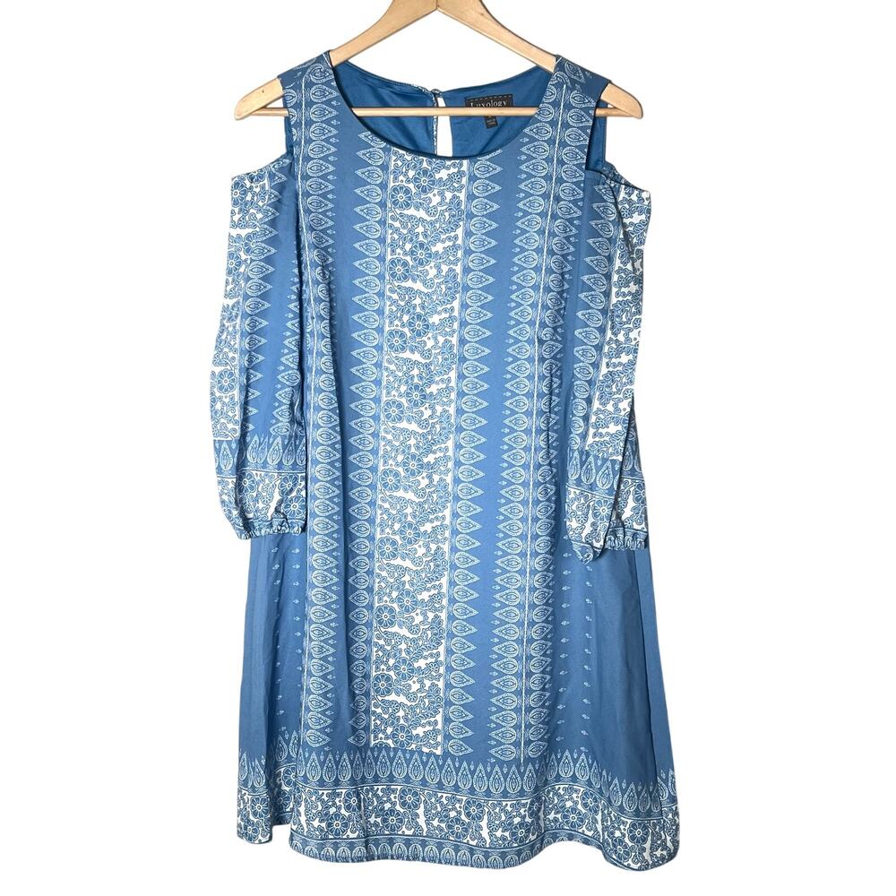 Luxology blue floral cold shoulder shift dress size 4 B182